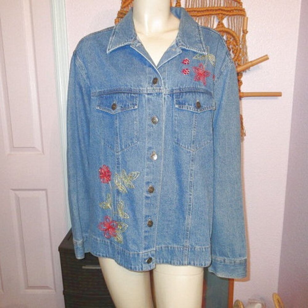 Vtg Jane Ashley Embroidered Jean Jacket Size 2X Western Boho Cowgirl Country 90s